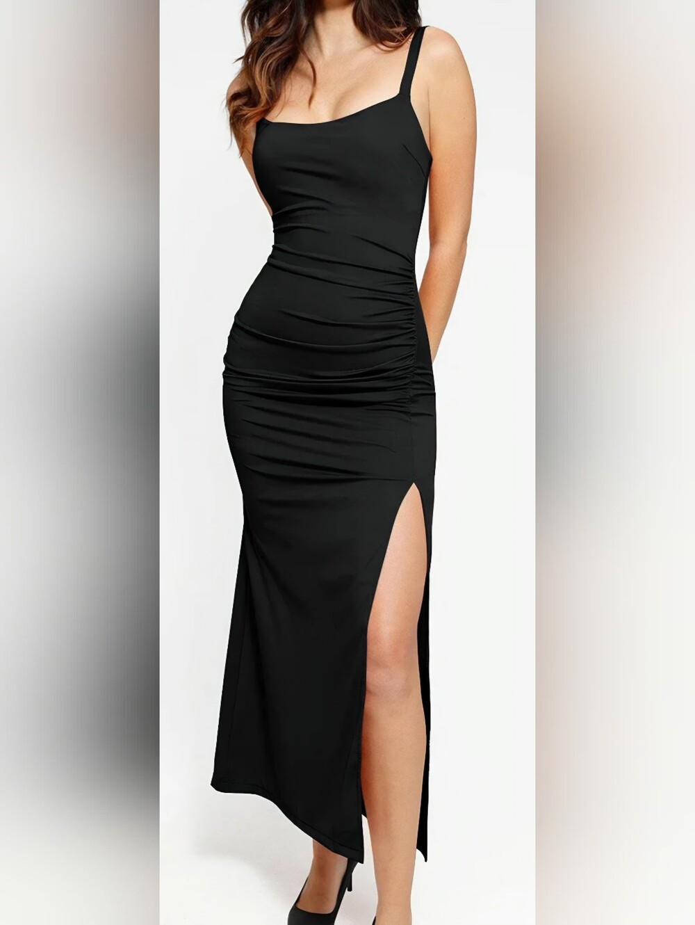 Sleek Black Ruched High-Slit Maxi Dress